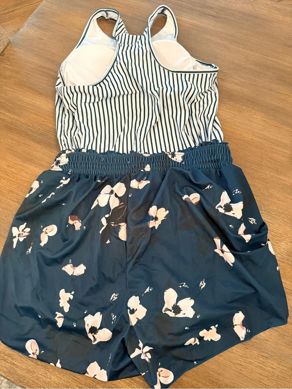 Women’s Green & White Striped Tankini Swim Set with Floral Swim Shorts | Size XL